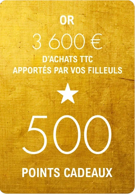 Palier or : 3 600 € d'achats TTC apportés par vos filleuls = 500 points cadeaux